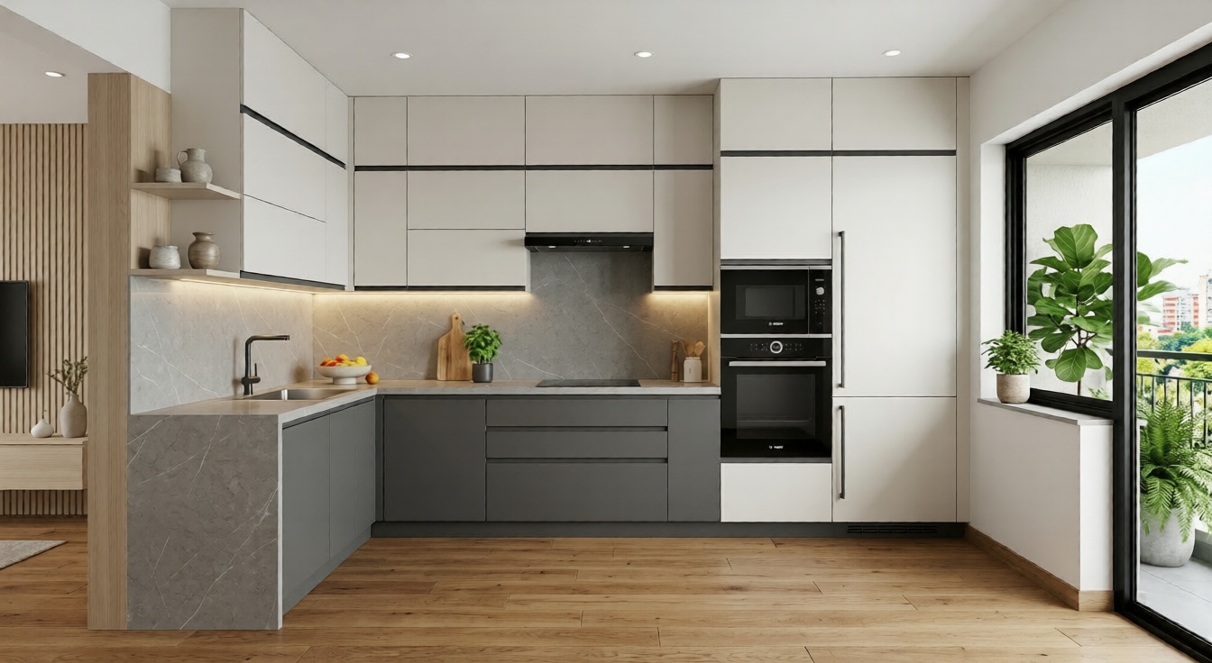 Handleless profile modular kitchen design