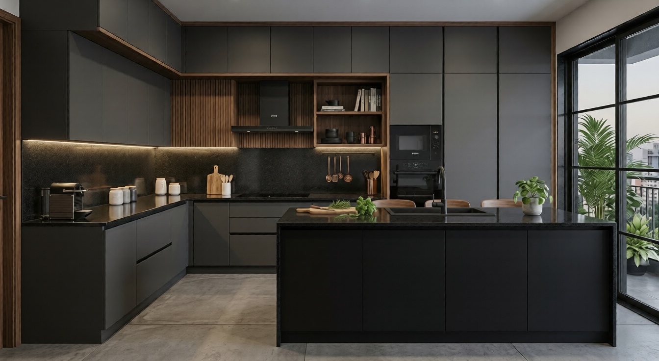 Matte finish dark modular kitchen design India