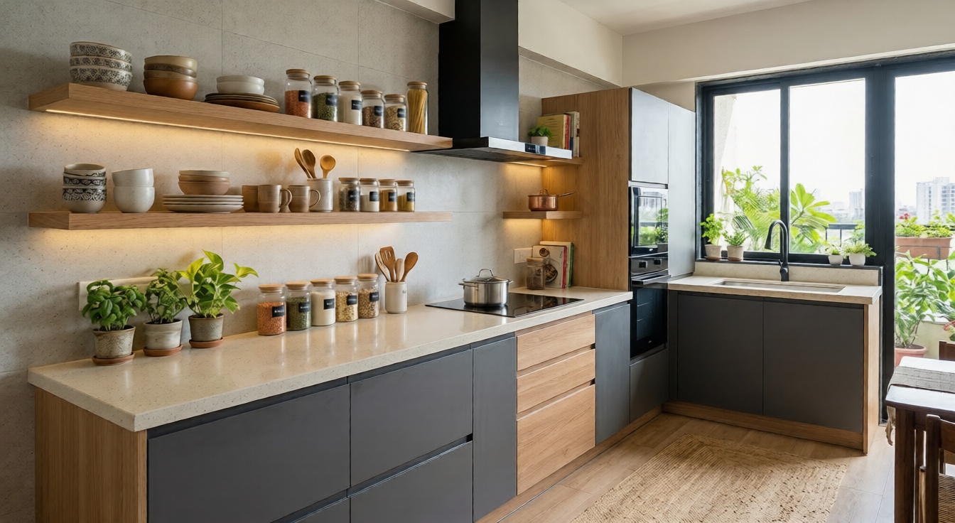 Open shelves modular kitchen design